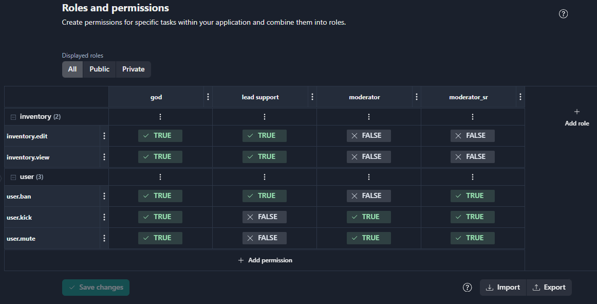 Exporting roles and permissions