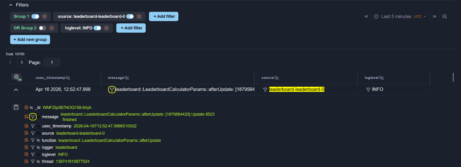 Log Viewer add filter from table