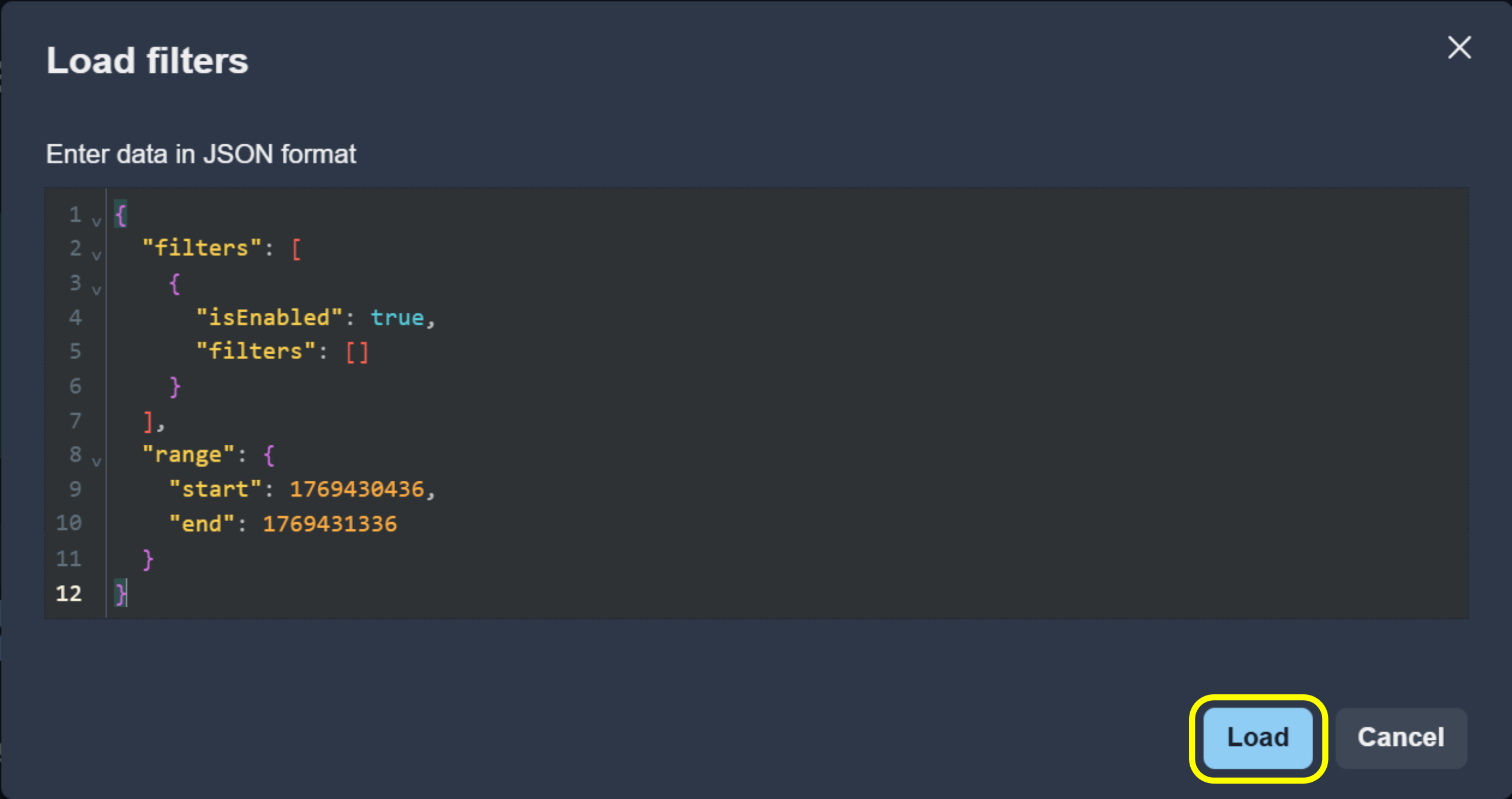 Log Viewer upload filters modal