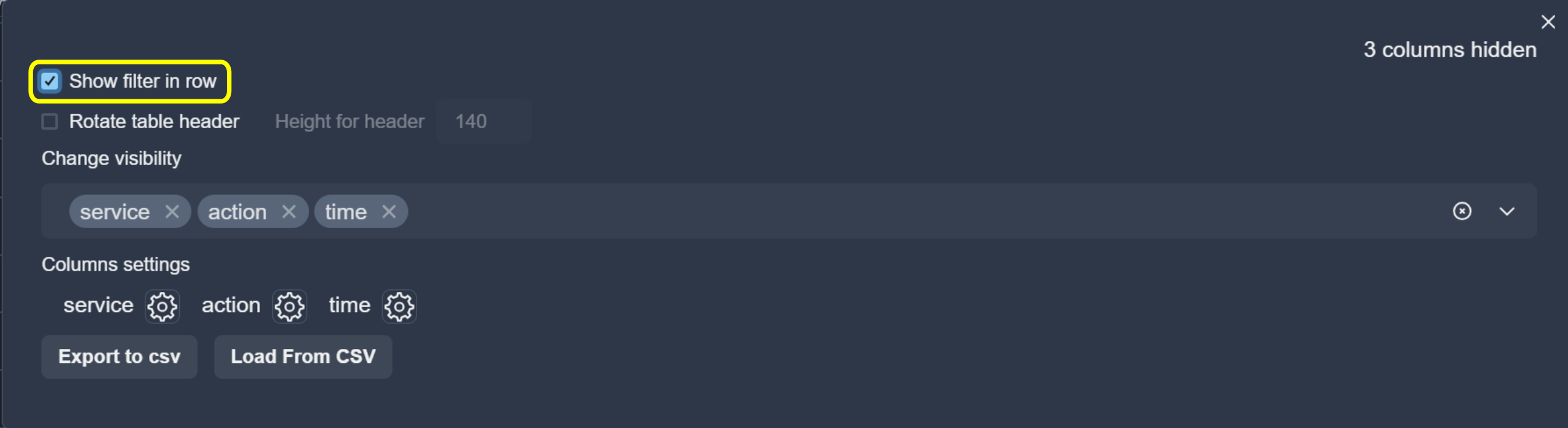 Show filter in row