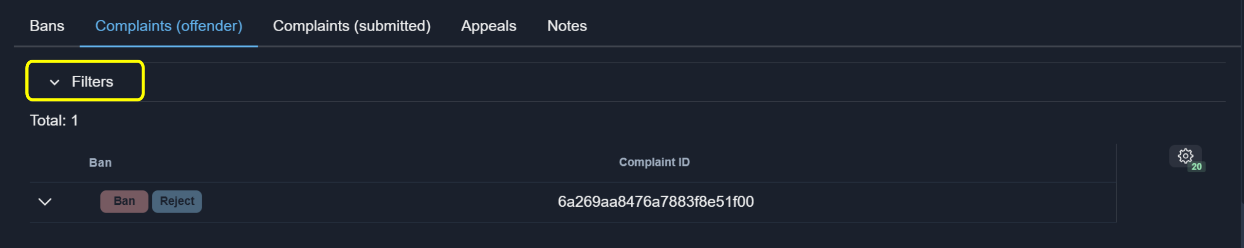 Offender complaints filters