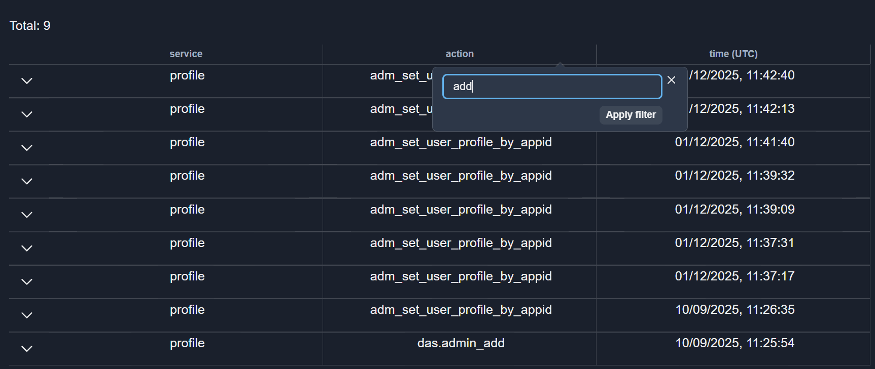 Filtering user history entries